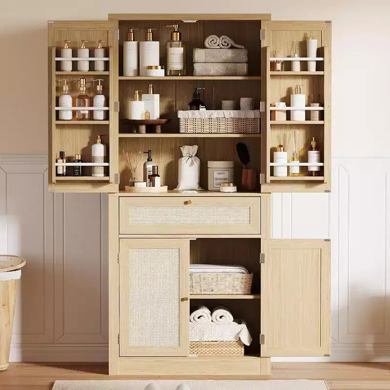 Armoire de cuisine en rotin avec tiroir, étagères réglables