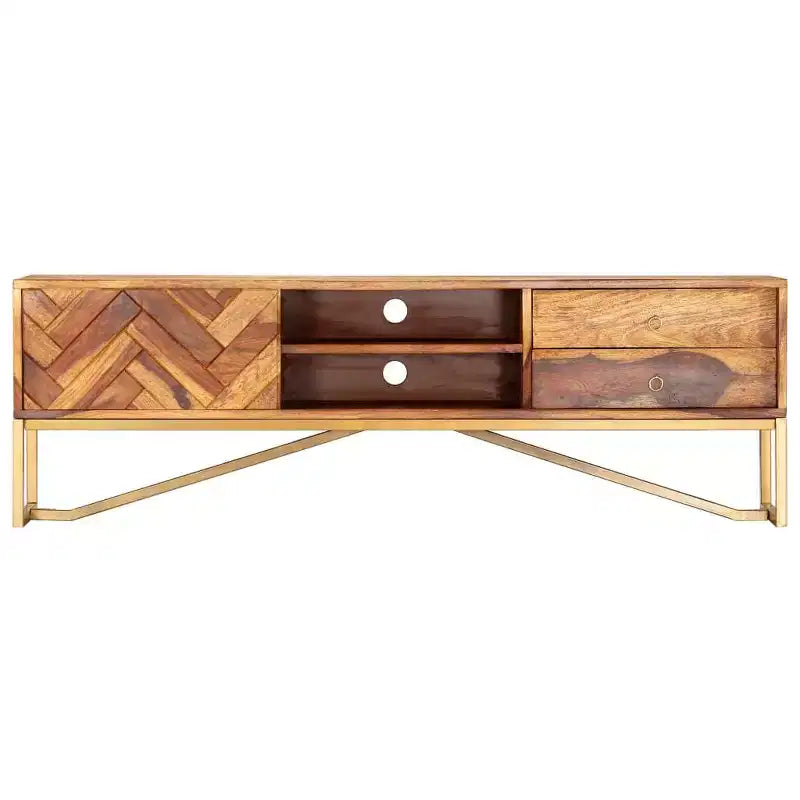 vidaXL TV Cabinet Brown Solid Sheesham Wood, Brass powder-coated iron