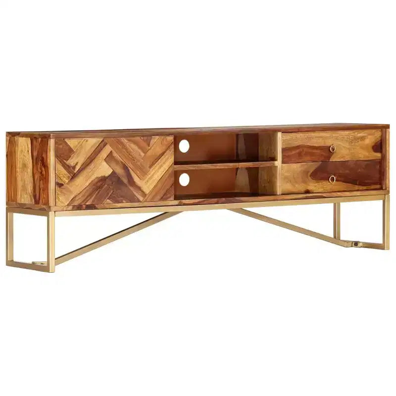 Meuble TV en bois de Sesham massif marron, fer enduit de poudre de laiton