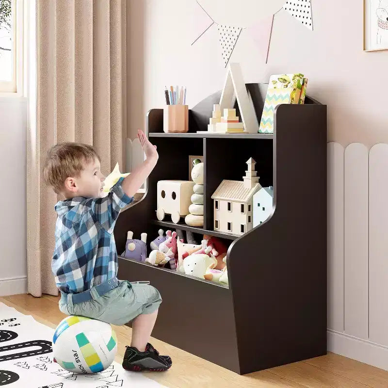 Meuble de rangement pour jouets à 3 niveaux avec 5 compartiments