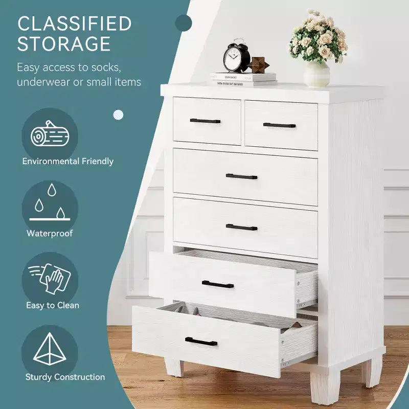 Commode de chambre à 6 tiroirs, commode de 45 pouces de hauteur grise avec rangement