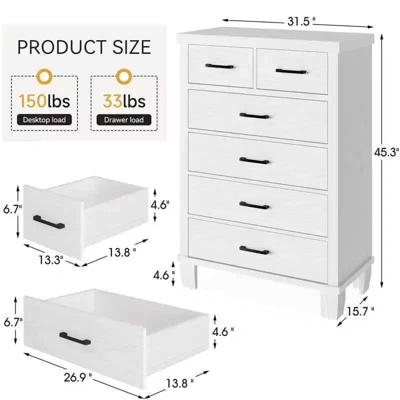Commode de chambre à 6 tiroirs, commode de 45 pouces de hauteur grise avec rangement