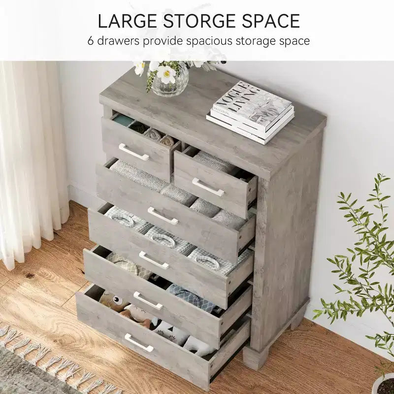 Commode de chambre à 6 tiroirs, commode de 45 pouces de hauteur grise avec rangement