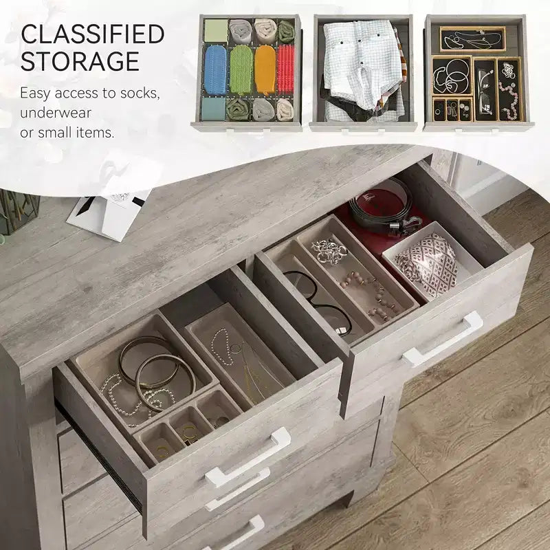 Commode de chambre à 6 tiroirs, commode de 45 pouces de hauteur grise avec rangement
