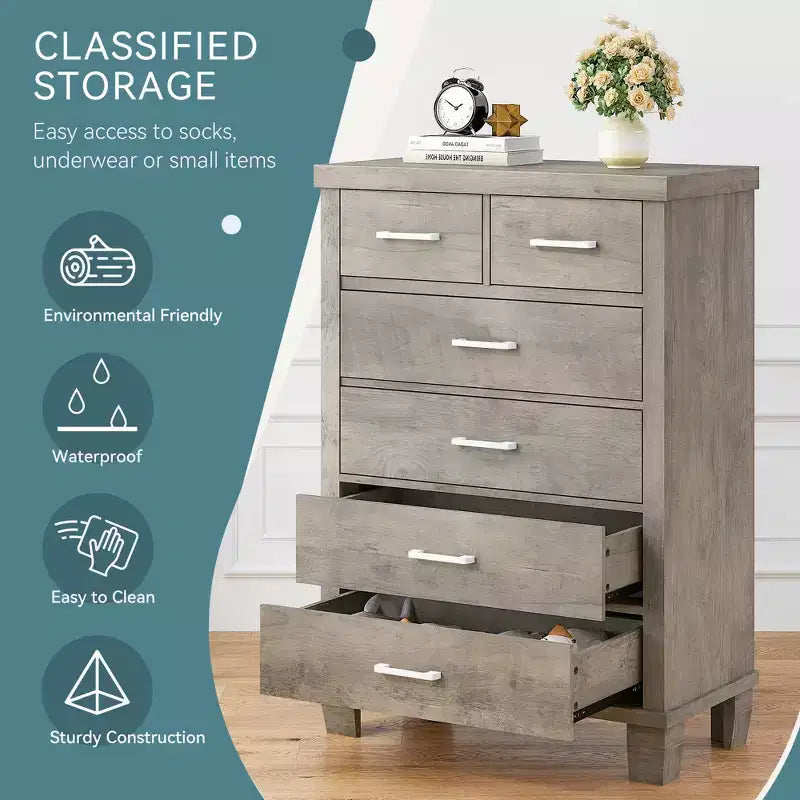 Commode de chambre à 6 tiroirs, commode de 45 pouces de hauteur grise avec rangement