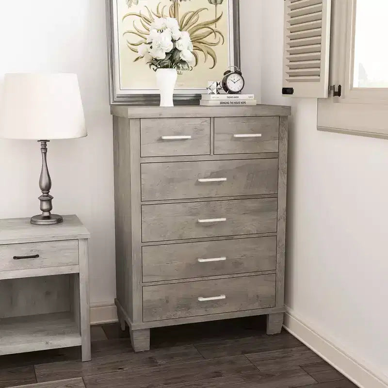 Commode de chambre à 6 tiroirs, commode de 45 pouces de hauteur grise avec rangement