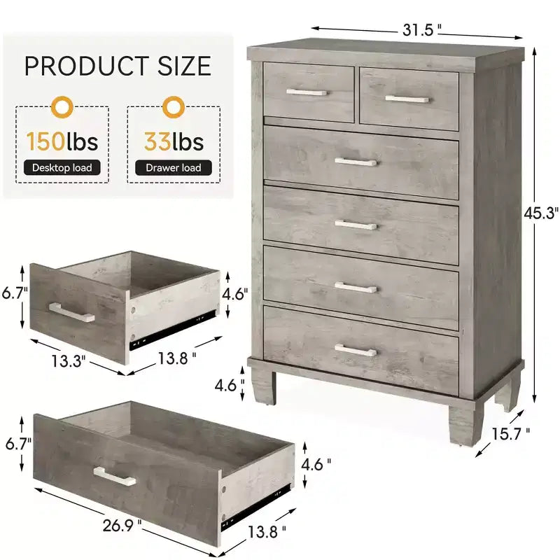 Commode de chambre à 6 tiroirs, commode de 45 pouces de hauteur grise avec rangement