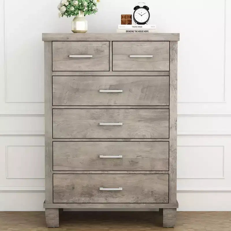 Commode de chambre à 6 tiroirs, commode de 45 pouces de hauteur grise avec rangement