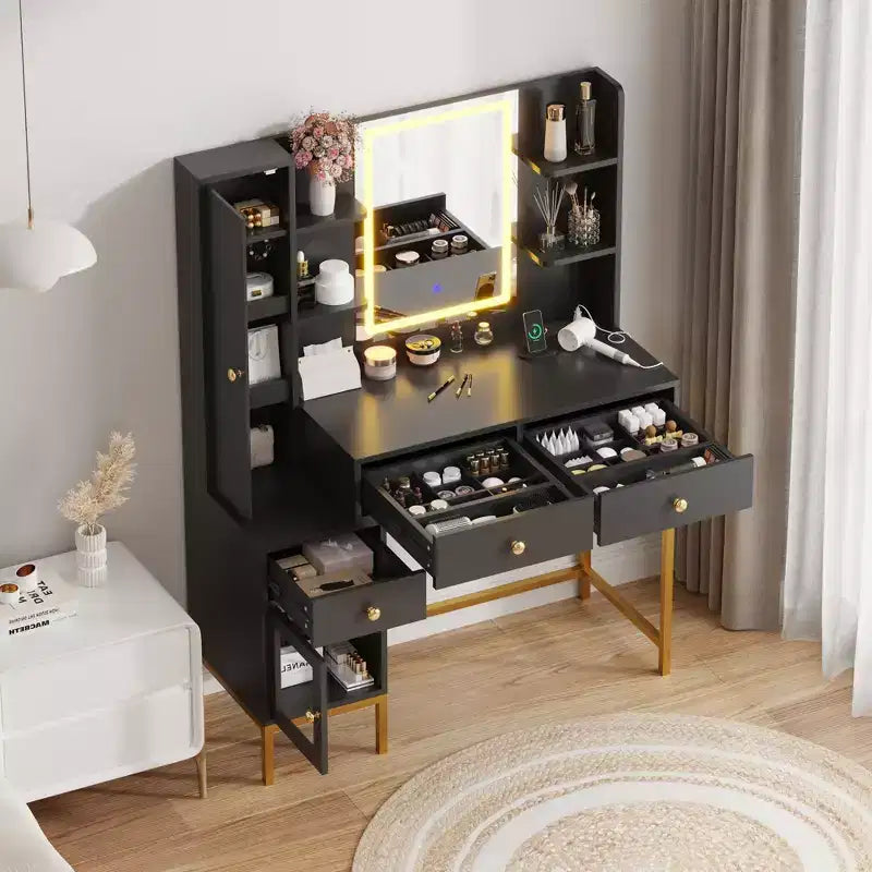 Makeup Vanity with Lighted Mirror, Vanity Desk with Lights in 3 Colors, White Vanity Table with Charging Station, Visible Cabinet with Led Lights