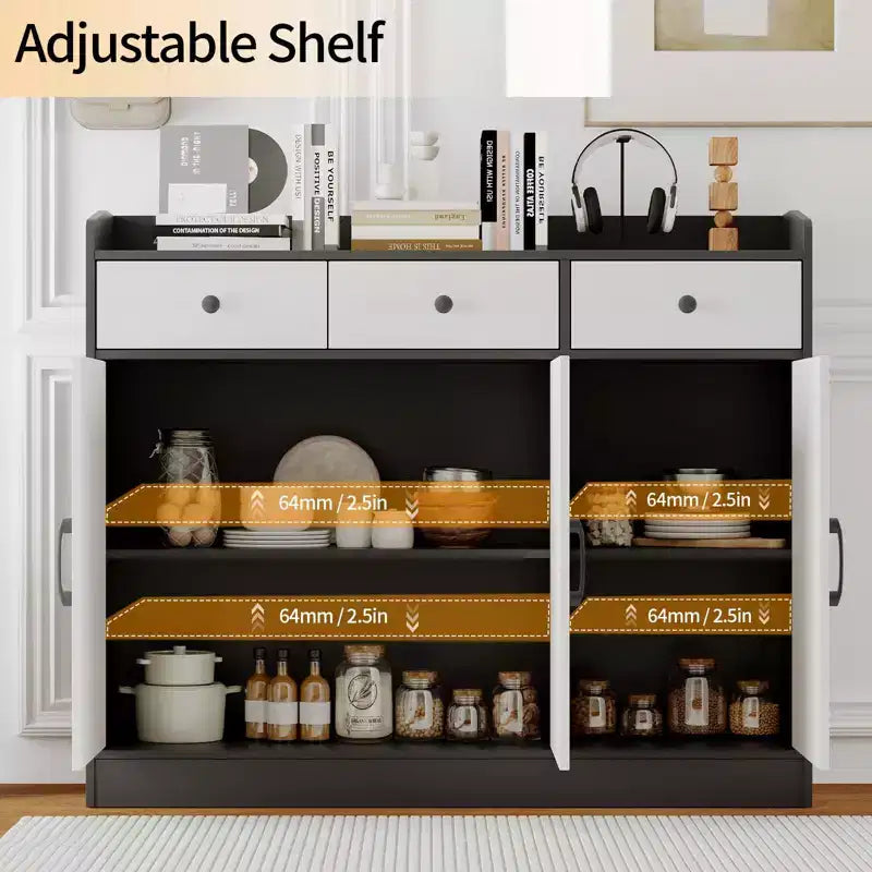 Buffet de salle à manger avec étagères réglables, Armoire de rangement de cuisine en bois