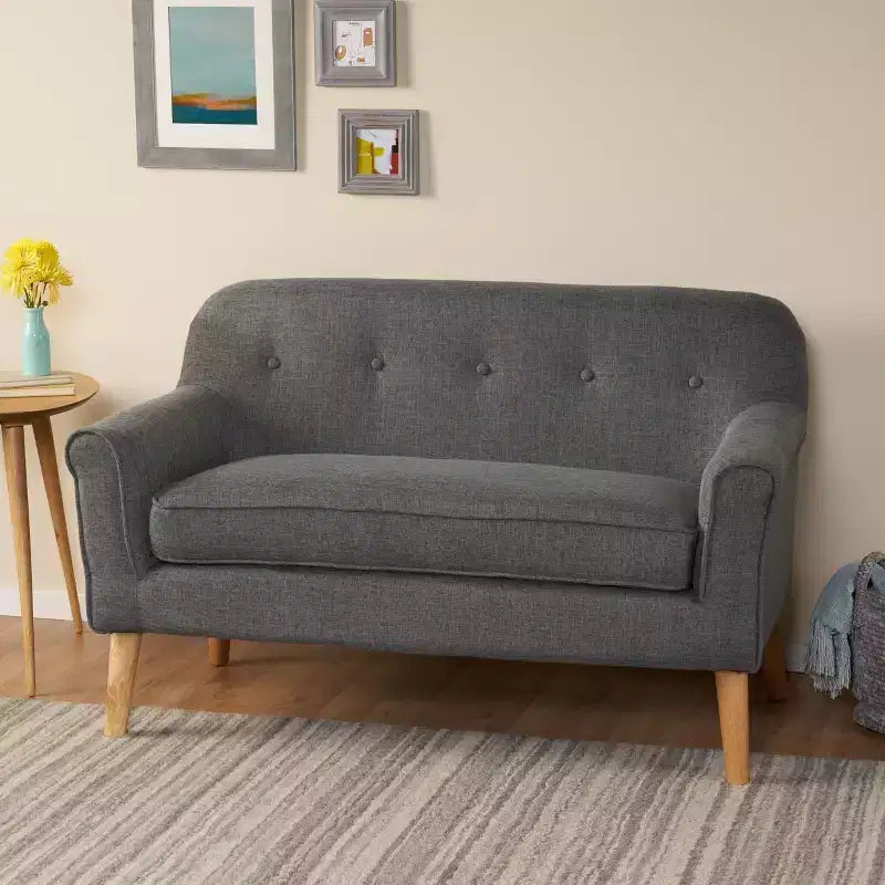 GDFStudio Halima Mid-Century Modern Tufted Loveseat with Rolled Arms and Splayed Rubberwood Legs