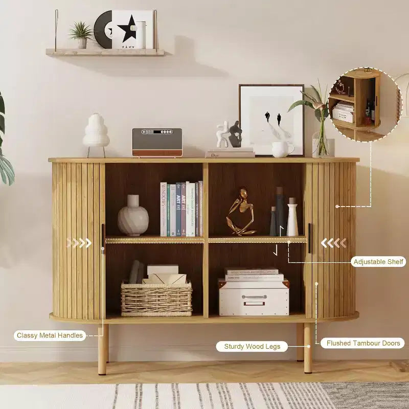 Buffet cannelé avec portes coulissantes, Meuble de rangement moderne en bois