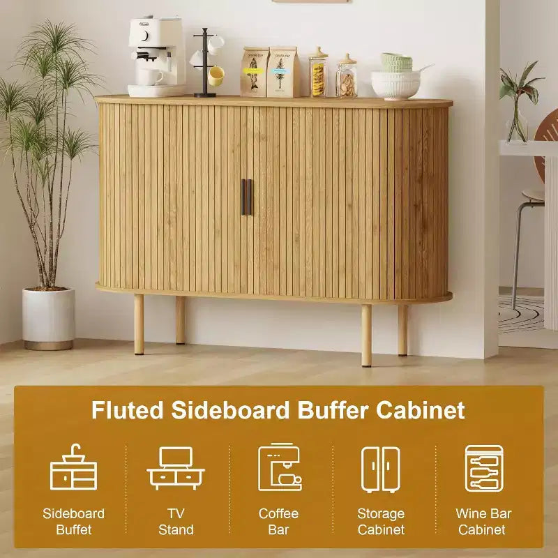 Buffet cannelé avec portes coulissantes, Meuble de rangement moderne en bois