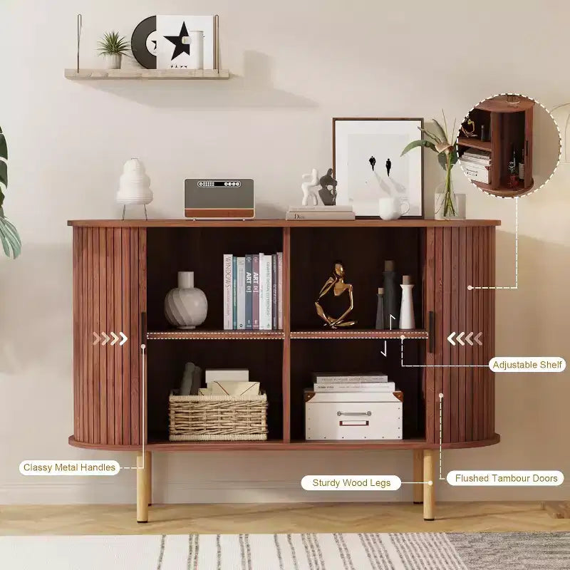 Buffet cannelé avec portes coulissantes, Meuble de rangement moderne en bois