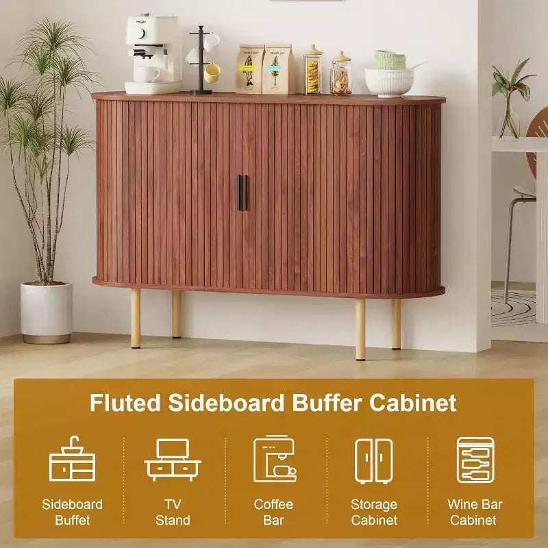 Buffet cannelé avec portes coulissantes, Meuble de rangement moderne en bois