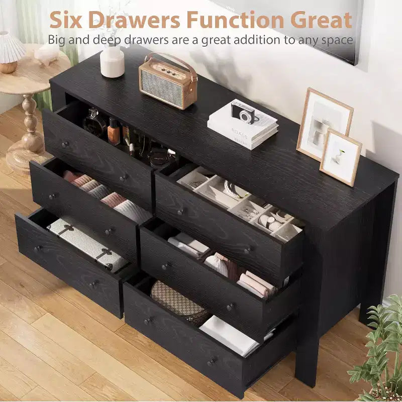 Commode 6 tiroirs pour chambre à coucher, meuble de rangement avec poignées robustes