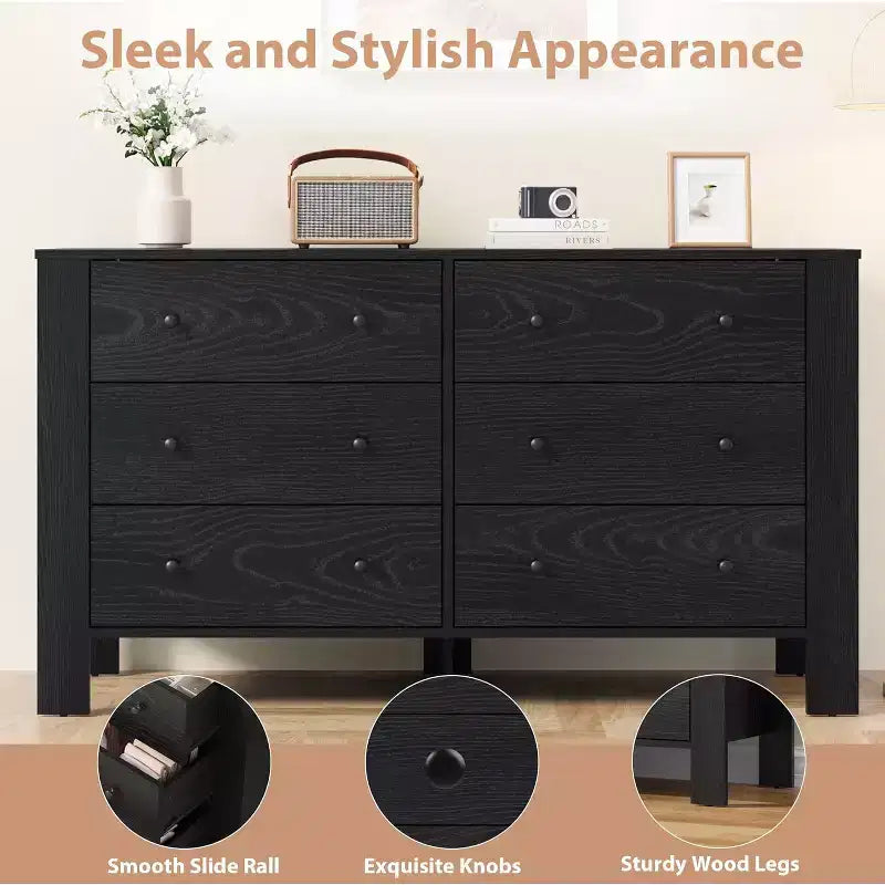 Commode 6 tiroirs pour chambre à coucher, meuble de rangement avec poignées robustes