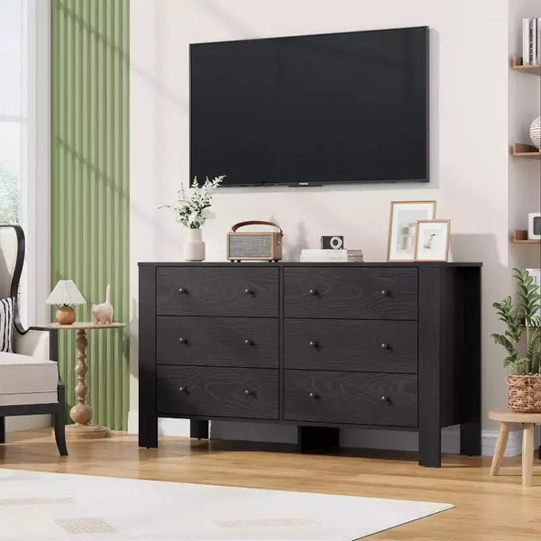 Commode 6 tiroirs pour chambre à coucher, meuble de rangement avec poignées robustes