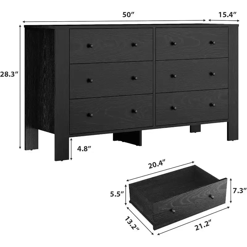 Commode 6 tiroirs pour chambre à coucher, meuble de rangement avec poignées robustes