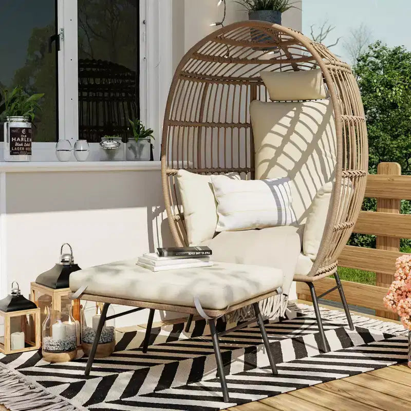 Wicker Egg Chair with Ottoman, Egg Basket Lounge Chair with Thick Cushion, Comfy Egg Rattan Seat for Indoor Outdoor Patio Porch Backyard