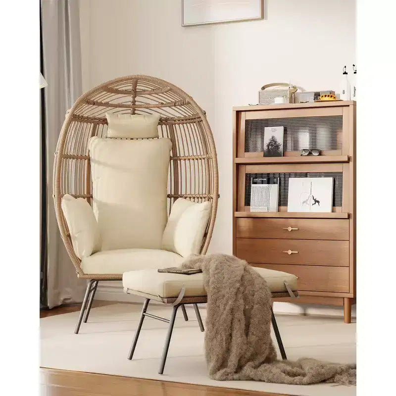Fauteuil œuf en osier avec ottoman, fauteuil de salon suspendu avec coussin épais