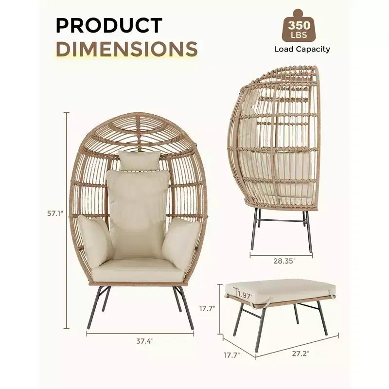 Fauteuil œuf en osier avec ottoman, fauteuil de salon suspendu avec coussin épais