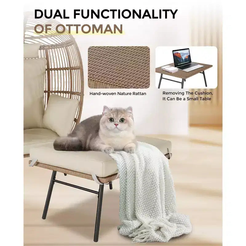 Fauteuil œuf en osier avec ottoman, fauteuil de salon suspendu avec coussin épais