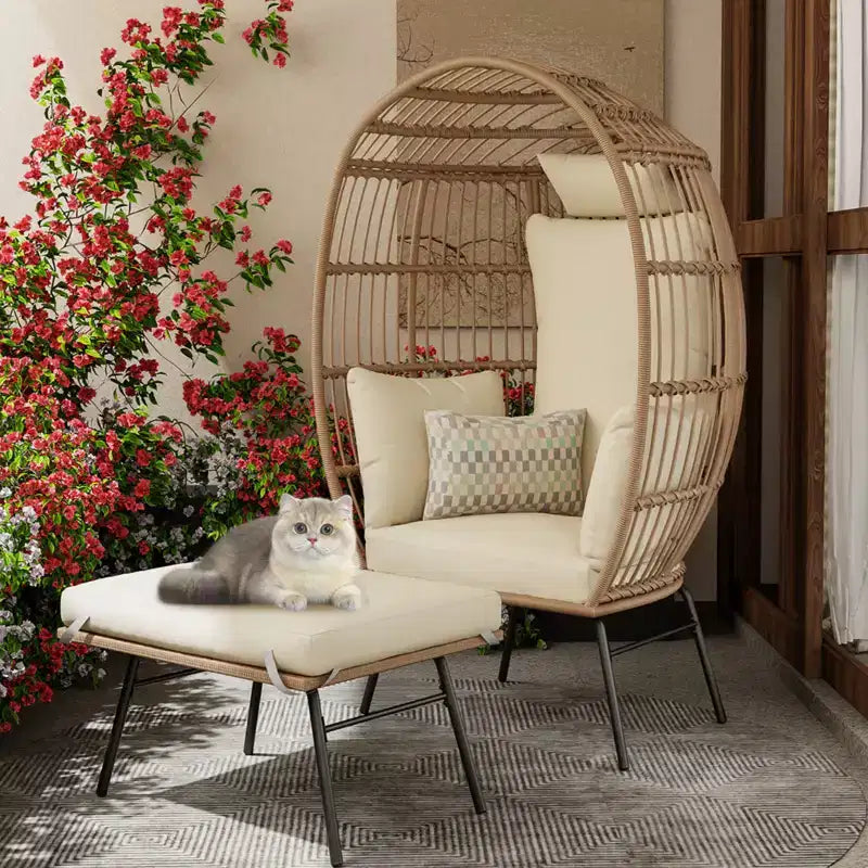 Fauteuil œuf en osier avec ottoman, fauteuil de salon suspendu avec coussin épais