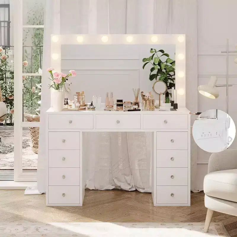 Vanity Desk with Mirror, LED Lights and Power Outlet Makeup Vanity Table with 11 Drawers Dressing Table for Bedroom Dressing Room (White)
