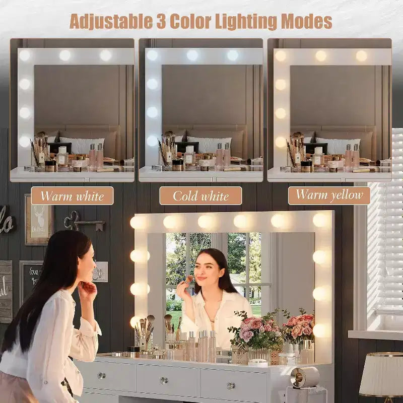 Coiffeuse avec miroir, lumières LED et prise de courant Table de maquillage