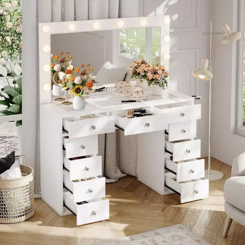 Coiffeuse avec miroir, lumières LED et prise de courant Table de maquillage
