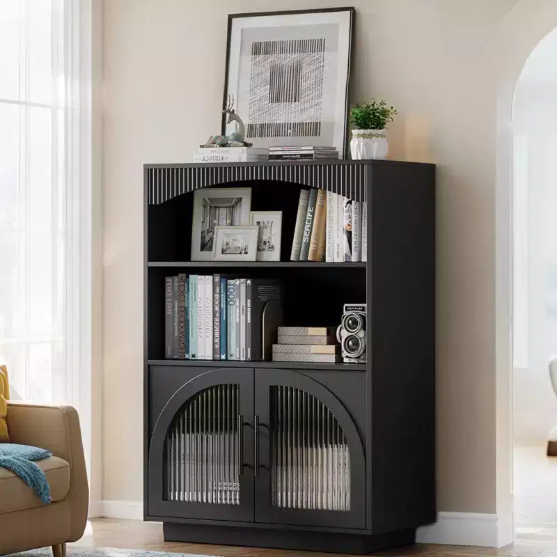 Bibliothèque avec Portes, Étagère Noire avec Porte Vitrée, Petite Bibliothèque 3 Niveaux