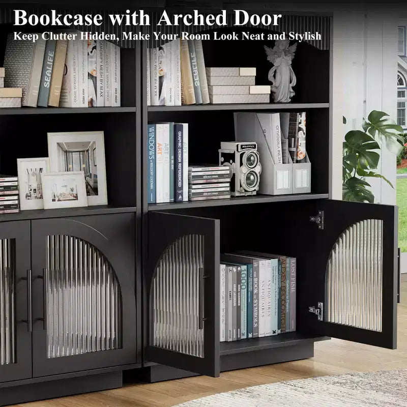 Bibliothèque avec Portes, Étagère Noire avec Porte Vitrée, Petite Bibliothèque 3 Niveaux