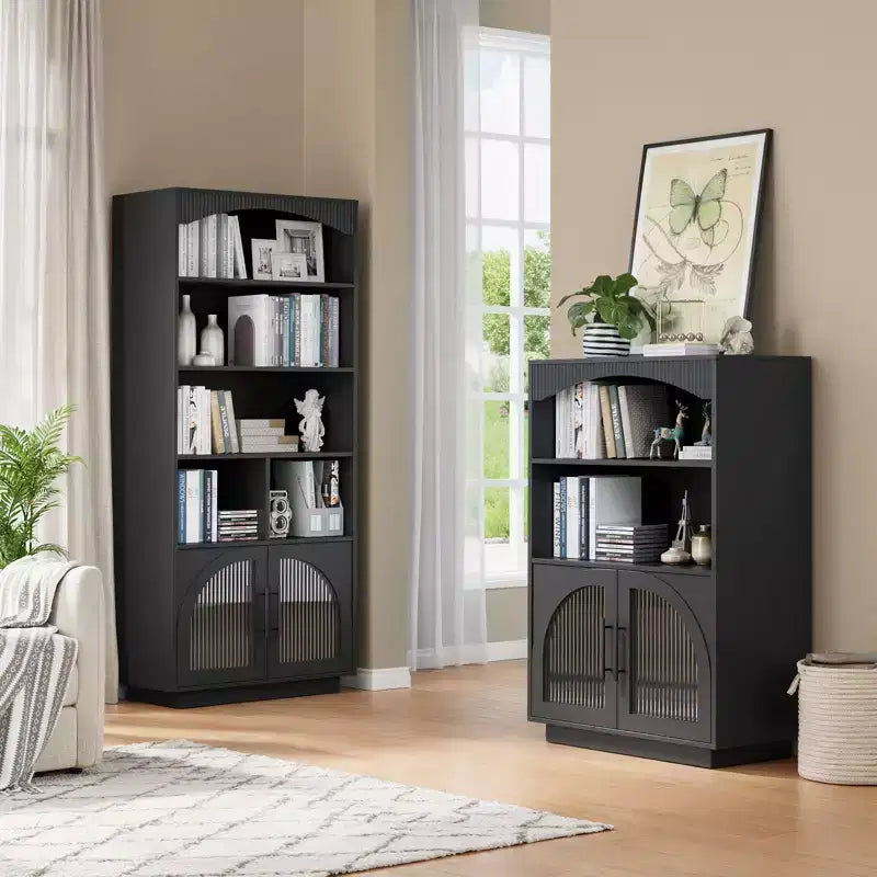 Bibliothèque avec Portes, Étagère Noire avec Porte Vitrée, Petite Bibliothèque 3 Niveaux