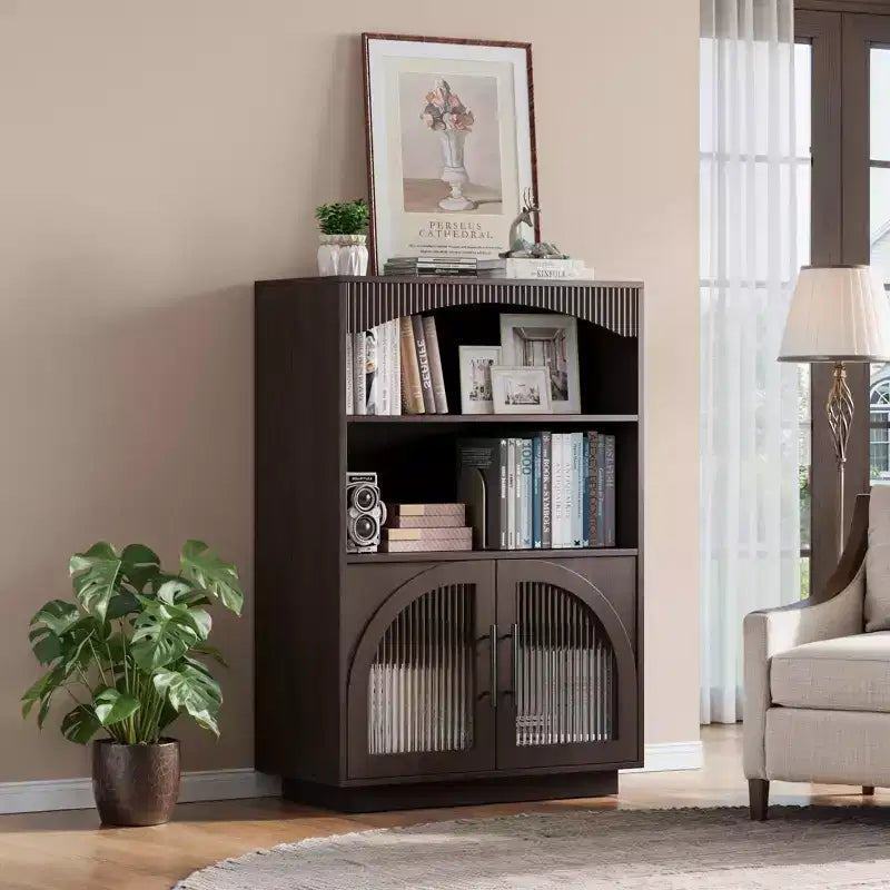 Bibliothèque avec Portes, Étagère Noire avec Porte Vitrée, Petite Bibliothèque 3 Niveaux
