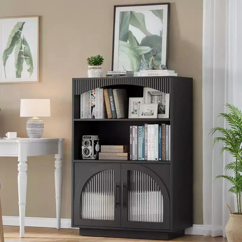 SOLACE FURNITURE 46 Bookshelf with Doors, Black Bookcase with Glass Door, 3 Tier Small Bookshelf