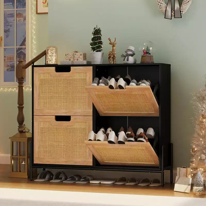 Shoe Cabinet Storage for Entryway, Rattan Shoe Cabinet with 4 Flip Drawers, Freestanding Shoe Storage Organizer