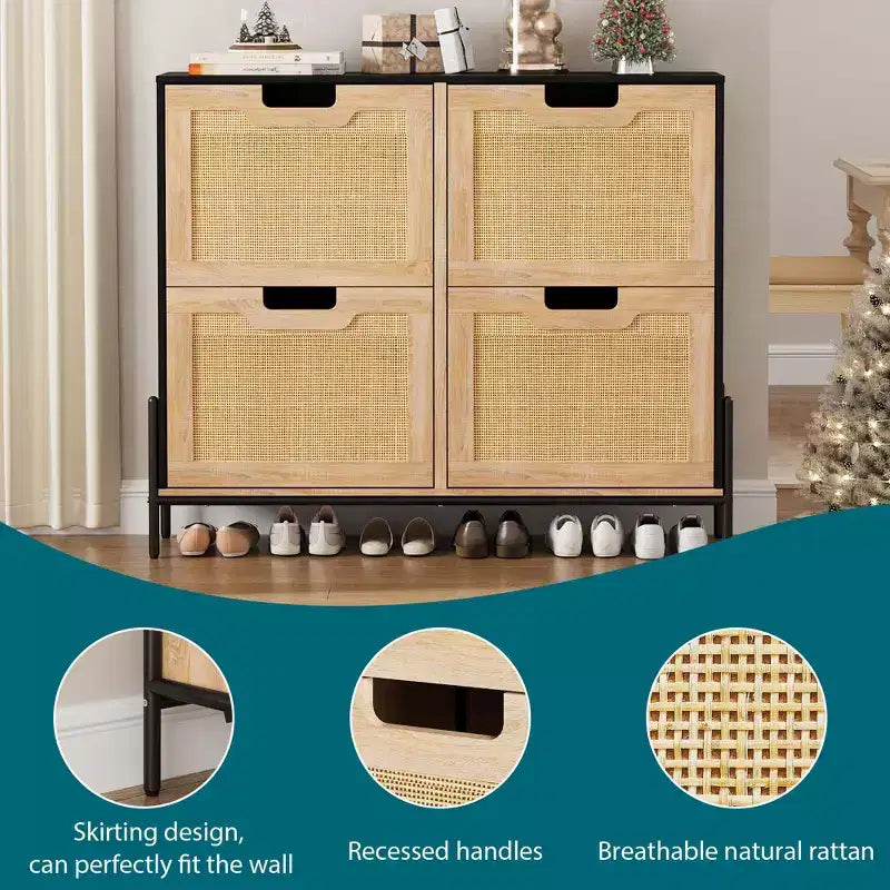 Meuble de rangement pour chaussures d'entrée, meuble à chaussures en rotin avec 4 tiroirs basculants