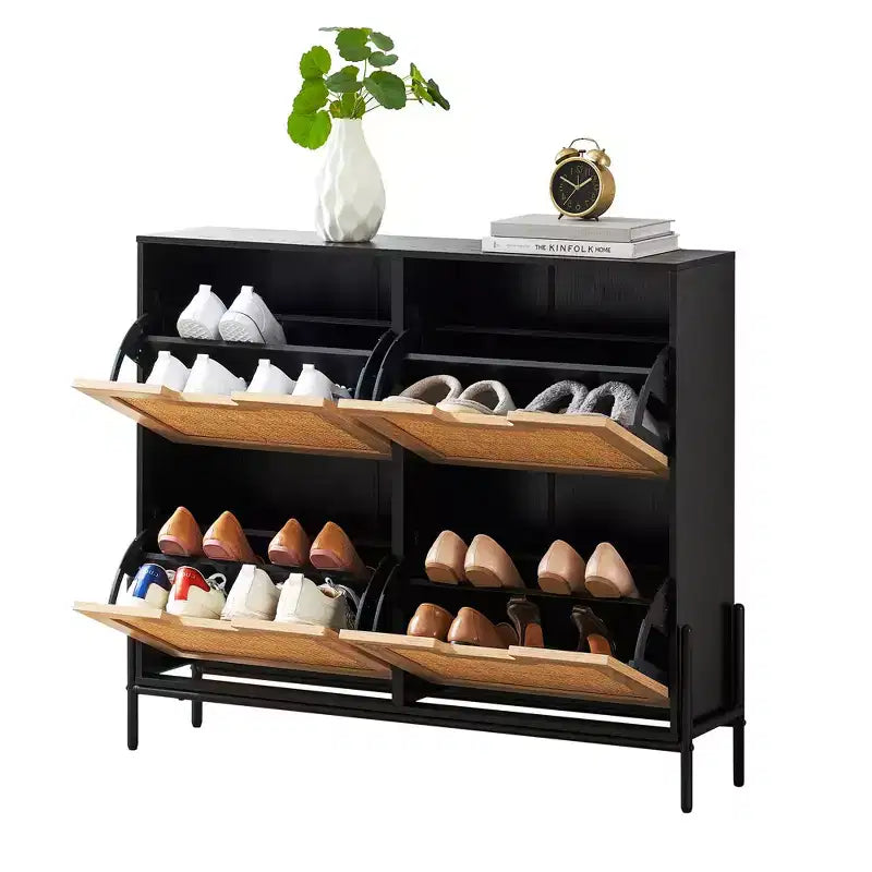 Meuble de rangement pour chaussures d'entrée, meuble à chaussures en rotin avec 4 tiroirs basculants