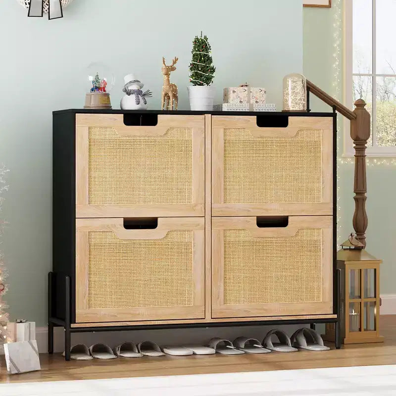 Meuble de rangement pour chaussures d'entrée, meuble à chaussures en rotin avec 4 tiroirs basculants