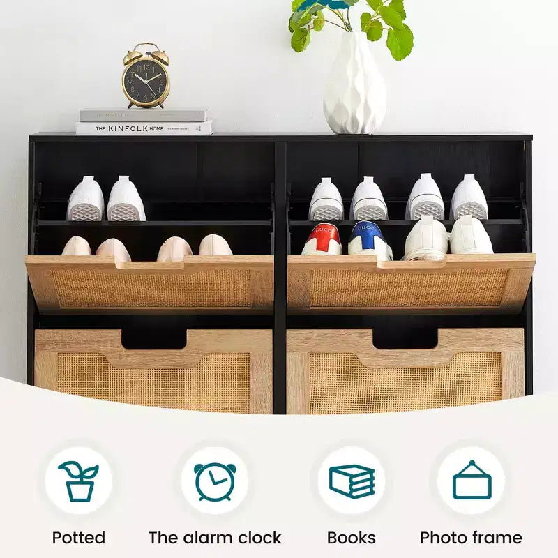 Meuble de rangement pour chaussures d'entrée, meuble à chaussures en rotin avec 4 tiroirs basculants