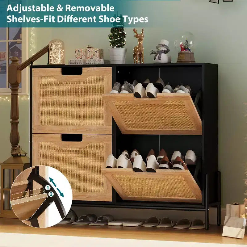 Meuble de rangement pour chaussures d'entrée, meuble à chaussures en rotin avec 4 tiroirs basculants