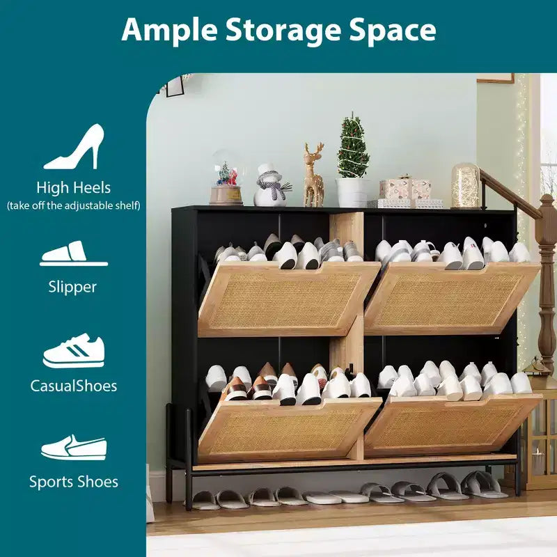 Meuble de rangement pour chaussures d'entrée, meuble à chaussures en rotin avec 4 tiroirs basculants