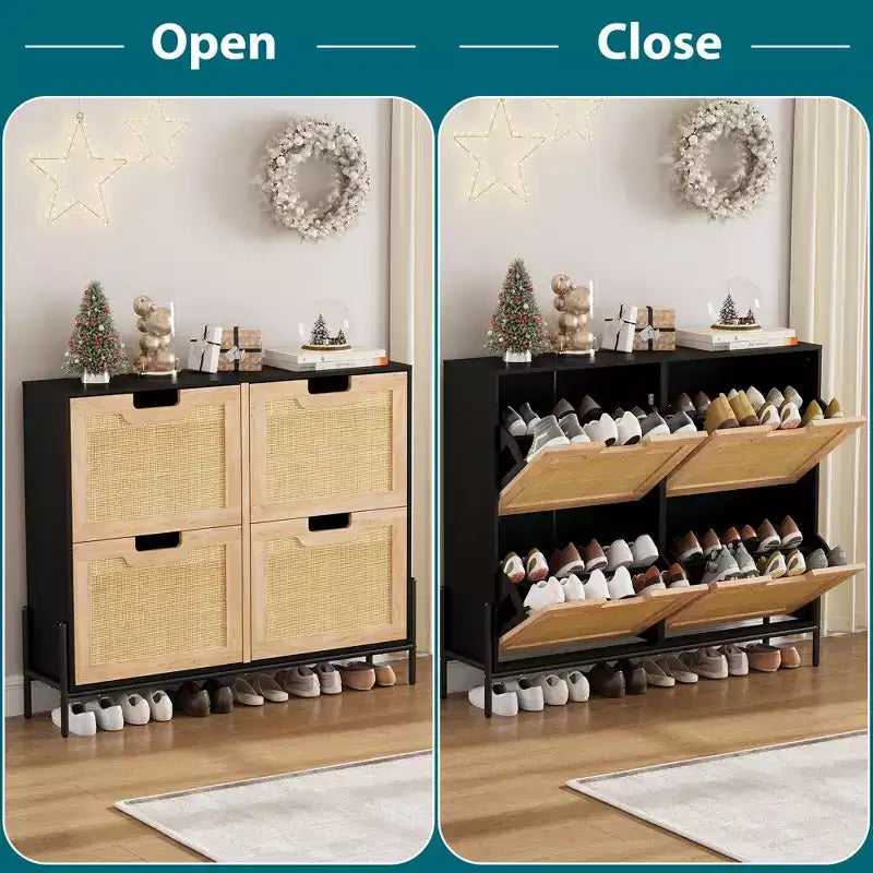 Meuble de rangement pour chaussures d'entrée, meuble à chaussures en rotin avec 4 tiroirs basculants