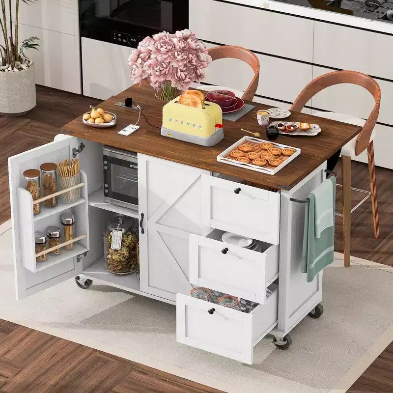Îlot de cuisine roulant de ferme avec prise de courant, chariot de rangement de cuisine