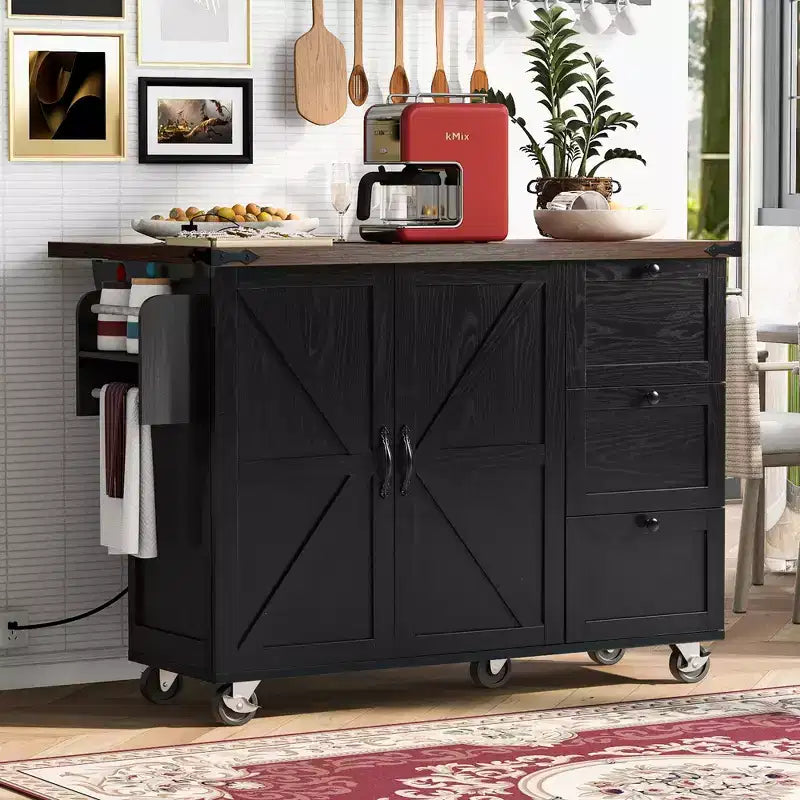 CLIHOME 54.5 Farmhouse Rolling Kitchen Island with Power Outlet, Kitchen Storage Cart with Internal Storage Rack, Drop Leaf, Spice Rack