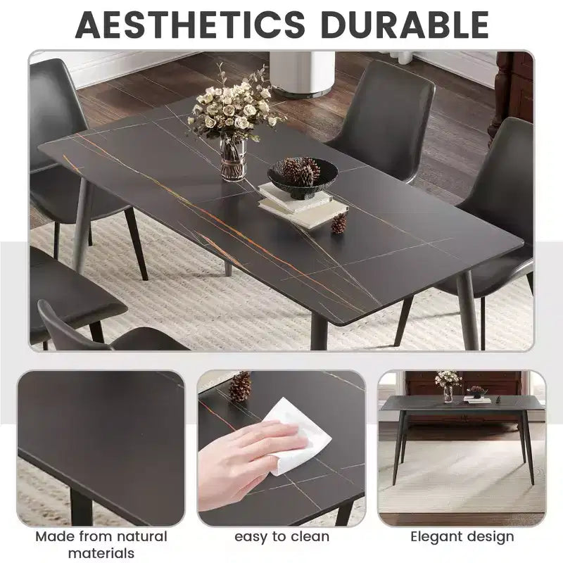 Table à manger moderne avec pied en métal pour 6 personnes, table de cuisine en pierre artificielle