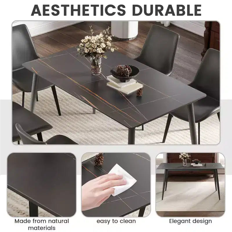 Table à manger moderne avec pied en métal pour 6 personnes, table de cuisine en pierre artificielle
