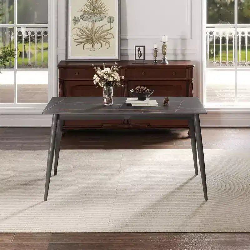 Table à manger moderne avec pied en métal pour 6 personnes, table de cuisine en pierre artificielle