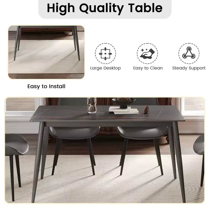 Table à manger moderne avec pied en métal pour 6 personnes, table de cuisine en pierre artificielle